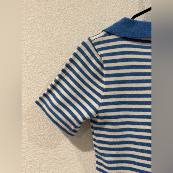 Oak + Fort Knit Blue White Striped Cropped Collared Short Sleeve Tee Size Small - Picture 9 of 14